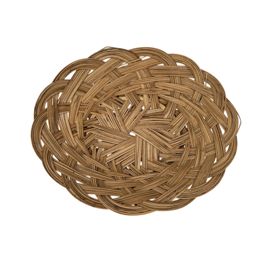 Vintage Woven Rattan Shallow Basket Bowl 11" X 3" Round Scalloped Boho Farmhouse